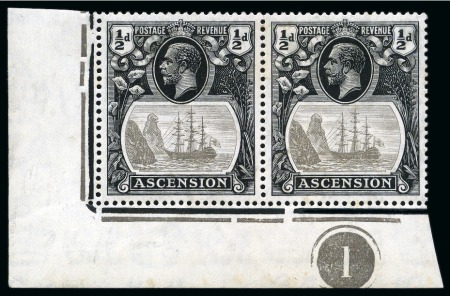 Stamp of Ascension » King George V 1924-33 1/2d, 1d and 3d showing variety "cleft rock", both in mint lower left corner marginal pairs with plate number