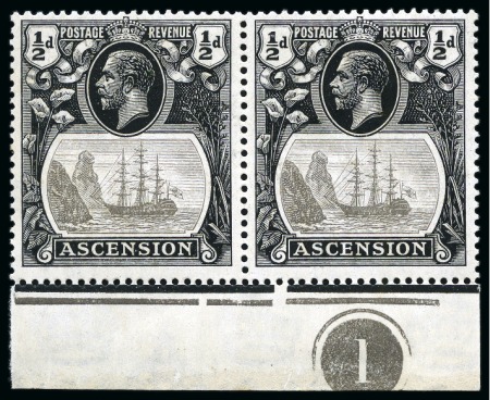 Stamp of Ascension » King George V 1924-33 1/2d Grey-Black & Black pair of varieties with "broken mainmast" and "cleft rock"