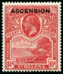 Stamp of Ascension » King George V 1922 1 1/2d Rose-Scarlet showing constant variety "missing centre bar of E in POSTAGE"