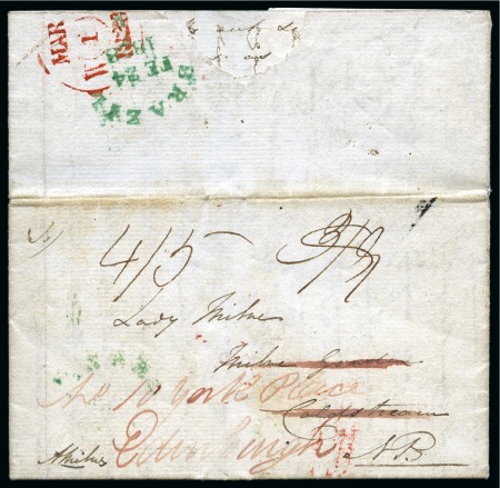 Stamp of Brazil » Postal History 1827 (Nov 29). Entire letter from Montevideo to Coldstream, redirected to Edinburgh, sent by a naval officer on board HMS "Cadmus" in Uruguay 