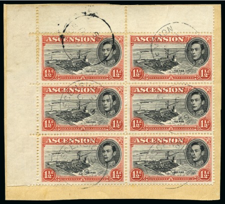 Stamp of Ascension » King George VI 1938-53 1 1/2d Black & Vermilion perf.14 showing variety "cut mast and railings" in used top left corner marginal block of six