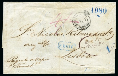 Stamp of Brazil » British Post Offices Rio de Janeiro. 1851 (Feb 10). Folded cover from Rio de Janeiro to Lisbon, earliest usage of the "PAID/AT/RIO DE JANIERO" 
