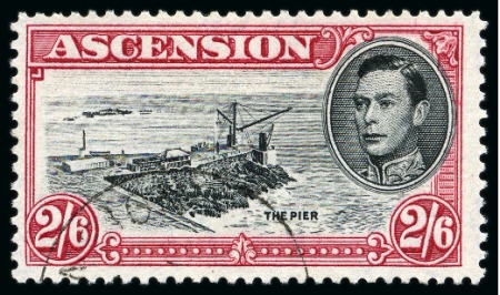 Stamp of Ascension » King George VI 1938-53 2s6d Black & Deep Carmine perf.13 showing variety "cut mast and railings", used