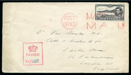 Stamp of Ascension » King George VI 1938-53 3d Black & Grey perf. 13 on envelope sent to England tied by undated "POST OFFICE / MARITIME MAIL" machine cancel in RED
