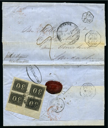 Stamp of Brazil » 1850-66 Upright Figures 1862 (March 1). Folded cover from Rio Grande do Sul to Ormskirk, England, franked on reverse by largely margined 1850 30r marginal block of four
