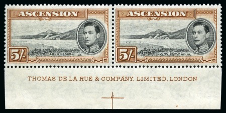 Stamp of Ascension » King George VI 1938-53 5s Black & Yellow-Brown perf.13 1/2 mint nh lower marginal pair with complete De La Rue printer's inscription