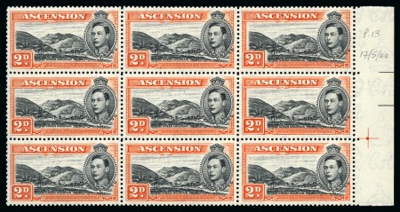 Stamp of Ascension » King George VI 1938-53 2d Black & Red-Orange perf.13 showing variety "mountaineer flaw" in mint nh right marginal block of nine