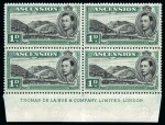 Stamp of Ascension » King George VI 1938-53 1d Black & Green perf.13 1/2 mint nh lower marginal block of four with complete De La Rue printer's inscription