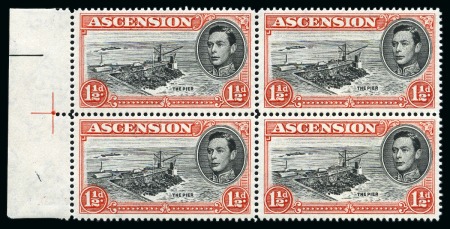 Stamp of Ascension » King George VI 1938-53 1 1/2d Black & Vermilion perf.14 showing variety "Davit flaw" in mint nh left marginal block of four