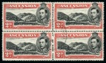 Stamp of Ascension » King George VI 1938-53 2d Black & Scarlet perf.14 showing variety "mountaineer flaw", in used block of four