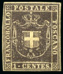 Stamp of Italian States » Tuscany 1860, 1 c. violetto scuro, quattro margini ampi e bilanciati, gomma originale, splendido