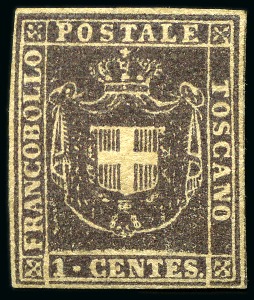 Stamp of Italian States » Tuscany 1860, 1 c. violetto scuro, quattro margini ampi e bilanciati, gomma originale, splendido