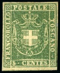 Stamp of Italian States » Tuscany 1860, 5 c. verde, molto fresco e ben marginato, con gomma originale, splendido