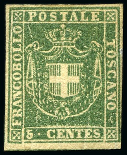 Stamp of Italian States » Tuscany 1860, 5 c. verde, molto fresco e ben marginato, con gomma originale, splendido