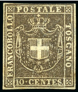 Stamp of Italian States » Tuscany 1860, 10 c. bruno, toccato molto leggermente in alto però con buoni margini, con gomma originale