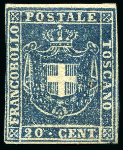 Stamp of Italian States » Tuscany 1860, 20 c. azzurro, colore splendido, margini completi o grandi, con gomma originale