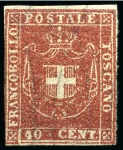 Stamp of Italian States » Tuscany 1860, 40 c. carminio, quattro margini bianchi, da notare la sua piena gomma originale integra