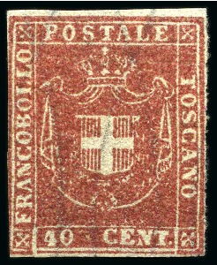 Stamp of Italian States » Tuscany 1860, 40 c. carminio, quattro margini bianchi, da notare la sua piena gomma originale integra