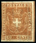 Stamp of Italian States » Tuscany 1860, 80 c. bistro carnicino, un esemplare splendido con bordo di foglio