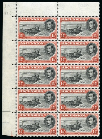 Stamp of Ascension » King George VI 1938-53 1 1/2d Black & Vermilion perf.14 showing variety "Davit flaw" and "cut mast and railings" in mint nh top left corner marginal block of 10