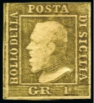 Stamp of Italian States » Sicily 1859, 1 gr. bruno oliva chiaro, II tavola, carta di Napoli, esemplare con completa anche se leggerissima DOPPIA STAMPA