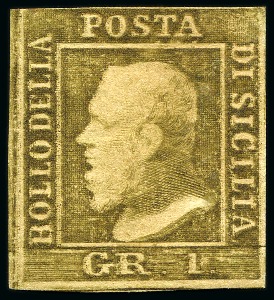 Stamp of Italian States » Sicily 1859, 1 gr. bruno oliva chiaro, II tavola, carta di Napoli, esemplare con completa anche se leggerissima DOPPIA STAMPA