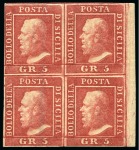 Stamp of Italian States » Sicily 1859, 5 gr. rosa carminio, I tavola, blocco di quattro margine di foglio a destra, bordo di foglio destra