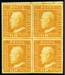Stamp of Italian States » Sicily 1859, 1/2 gr. arancio, I tavola, carta di Palermo, blocco di quattro, pos. 4-5/14-15 e bordo di foglio in alto