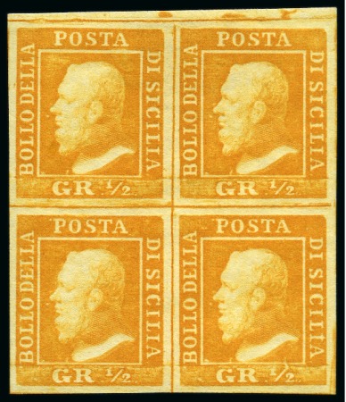 Stamp of Italian States » Sicily 1859, 1/2 gr. arancio, I tavola, carta di Palermo, blocco di quattro, pos. 4-5/14-15 e bordo di foglio in alto