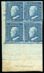 Stamp of Italian States » Sicily 1859, 2 gr. azzurro, III tavola, carta di Palermo, blocco di quattro, pos. 81-82/91-92, leggere traccie di stampa al verso