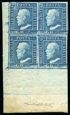 Stamp of Italian States » Sicily 1859, 2 gr. azzurro, III tavola, carta di Palermo, blocco di quattro, pos. 81-82/91-92, leggere traccie di stampa al verso