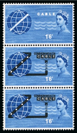 Stamp of Great Britain » Queen Elizabeth II 1963 COMPAC 1s6d with error BLACK OMITTED (cable) in mint nh vertical strip of three with two normals