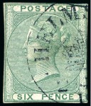 Stamp of Great Britain » 1855-1900 Surface Printed » 1855-57 No Corner Letters 1855-57 6d Die proof in green on white card with "HELMSLEY / (crown) / 2.4.56" trial cancellation