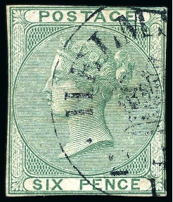 Stamp of Great Britain » 1855-1900 Surface Printed » 1855-57 No Corner Letters 1855-57 6d Die proof in green on white card with "HELMSLEY / (crown) / 2.4.56" trial cancellation