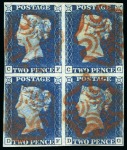 Stamp of Great Britain » 1840 2d Blue (ordered by plate number) 1840 2d Bright Blue pl.1 CF/DG used block of four, with CF showing shifted transfer and DF showing double letter
