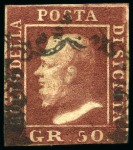 Stamp of Italian States » Sicily 1859, 50 gr. lacca bruno, pos. 76, leggermente toccato in basso, altrimenti margini ampi e regolari, annullato