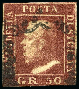 Stamp of Italian States » Sicily 1859, 50 gr. lacca bruno, pos. 76, leggermente toccato in basso, altrimenti margini ampi e regolari, annullato