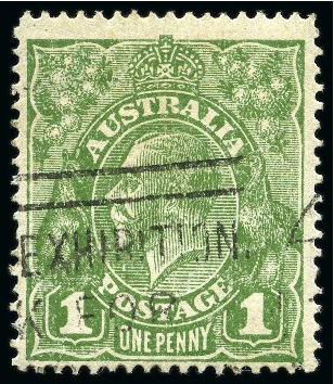 Stamp of Australia » Commonwealth of Australia 1924-25 1d Sage-Green, wmk type 6a (multiple crown over A), showing variety INVERTED WATERMARK, lightly used