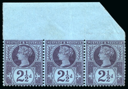 Stamp of Great Britain » 1855-1900 Surface Printed » 1887-1900 Jubilee Issue & 1891 £1 Green 1887-1900 Jubilee issue 2 1/2d purple on blue showing variety IMPERFORATE TOP MARGIN in mint nh strip of three
