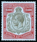 Stamp of Malaysia » Straits Settlements 1912-23 $100 Black & Carmine on blue, wmk multi CA, mint lh