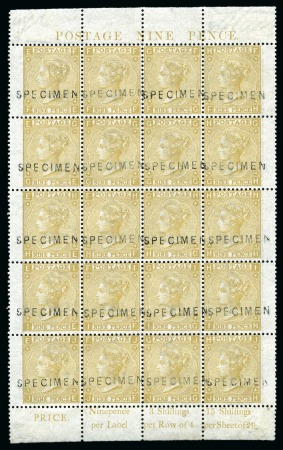 Stamp of Great Britain » 1855-1900 Surface Printed » 1867-80 Large Uncoloured Corner Letters, Wmk Spray of Rose 1867-80 9d Straw pl.4 complete pane of 20 FE/JH with "SPECIMEN" type 2 hs