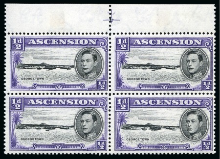 Stamp of Ascension » King George VI 1938-53 1/2d Black & Bluish Violet perf.13 showing variety "long centre bar to E" in mint nh top marginal block of four