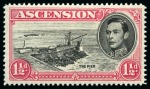 Stamp of Ascension » King George VI 1938-53 1 1/2d Black & Rose-Carmine, two examples showing varieties "Davit flaw" and "cut mast and railings", mint