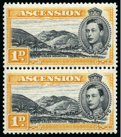 Stamp of Ascension » King George VI 1938-53 1d Black & Yellow-Orange perf.13 showing variety "mountaineer flaw" on lower left stamp in mint nh vert. pair