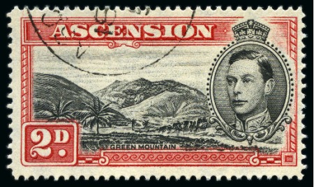 Stamp of Ascension » King George VI 1938-53 2d Black & Scarlet perf.14 showing variety "mountaineer flaw", used
