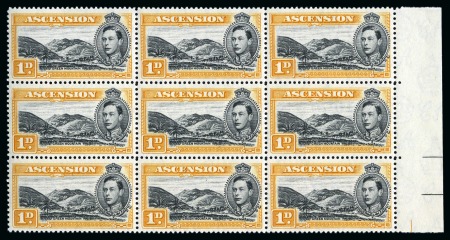 Stamp of Ascension » King George VI 1938-53 1d Black & Yellow-Orange perf.13 showing variety "mountaineer flaw" in mint nh right marginal block of 9