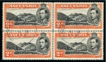 Stamp of Ascension » King George VI 1938-53 2d Black & Orange perf.14 showing variety "mountaineer flaw" in used block of four