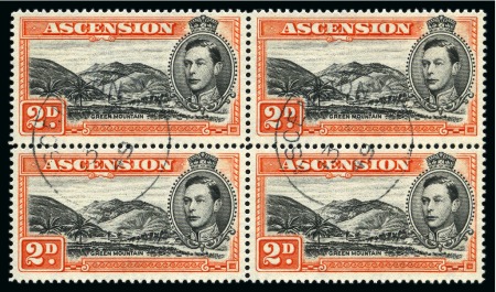 Stamp of Ascension » King George VI 1938-53 2d Black & Orange perf.14 showing variety "mountaineer flaw" in used block of four