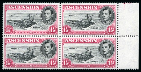 Stamp of Ascension » King George VI 1938-53 1 1/2d Black & Rose-Carmine perf.13 showing variety "Jibstay flaw" on top right stamp in mint right marginal block of four