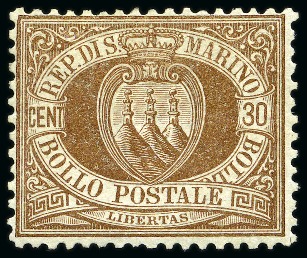 Stamp of Italy » San Marino 1877-90, 30 c. bruno, molto ben centrato, gomma integra